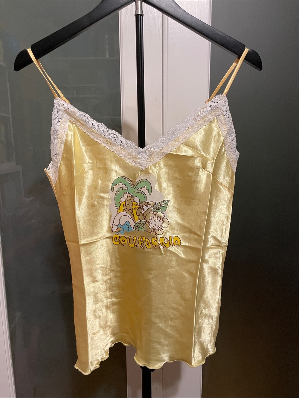 Yellow Satin California Graphic Lace-Trim Slip top